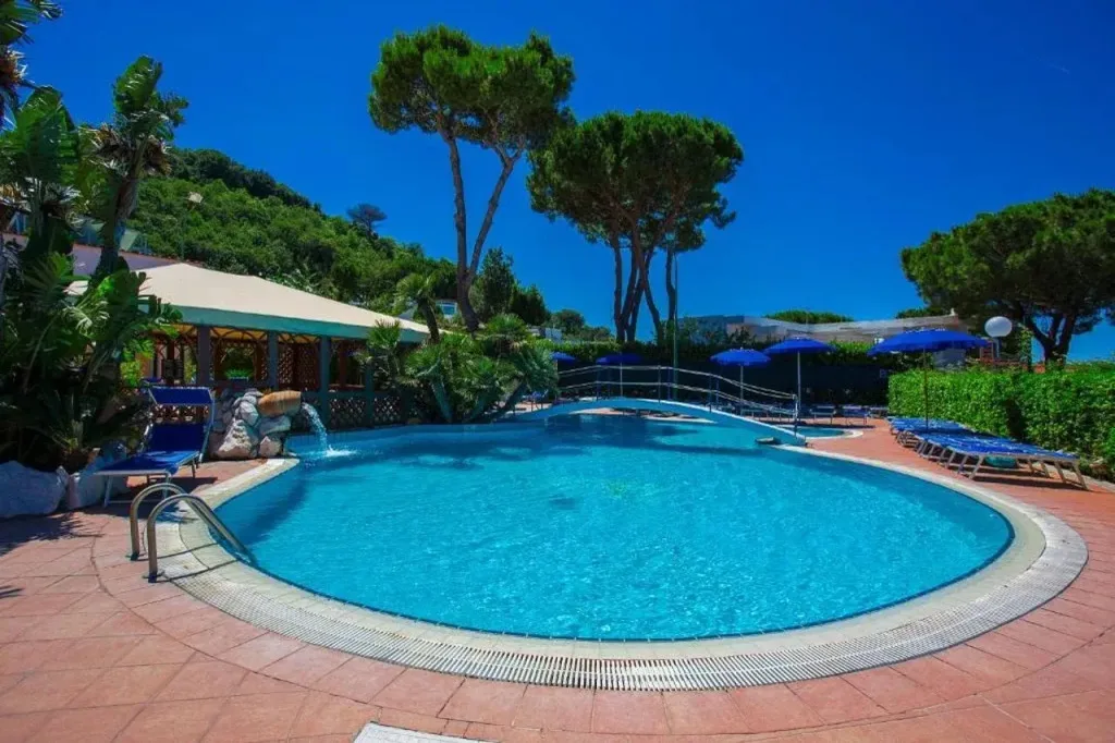 Piscina esterna circondata da pini e vegetazione con lettini e ombrelloni blu