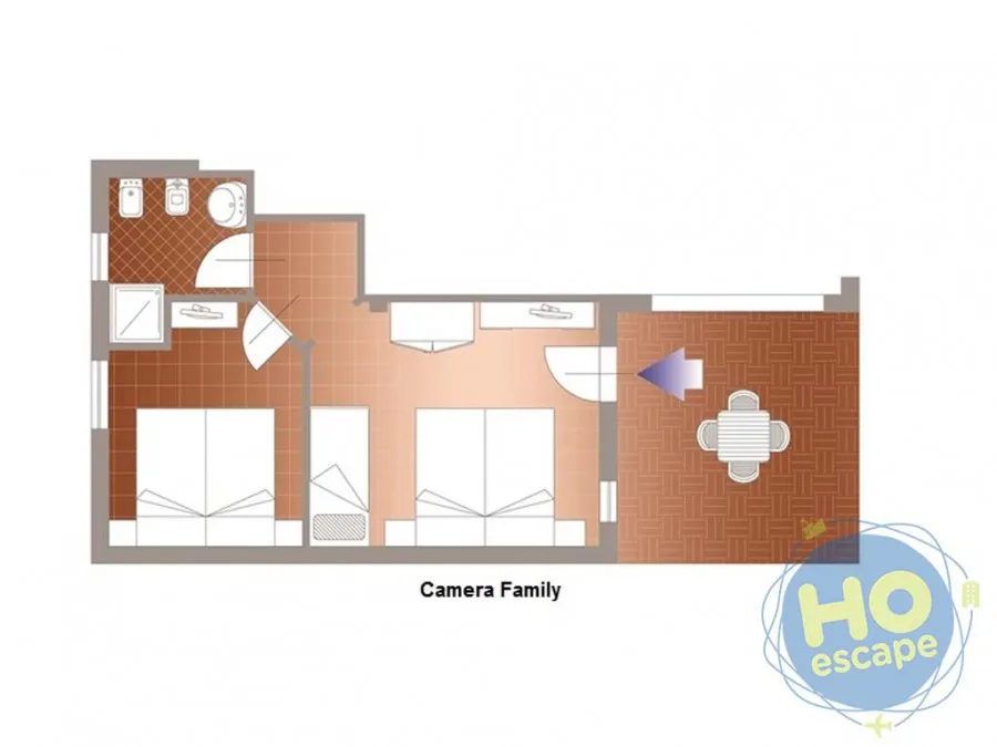 Planimetria Camera Family con bagno, due zone letto e angolo soggiorno