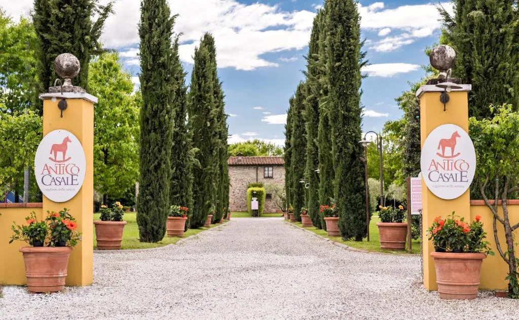 Ingresso dell'Antico Casale con viale di cipressi e vasi di fiori