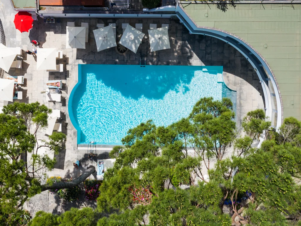 Vista aerea dall'alto della piscina dell'hotel circondata da pini e vegetazione