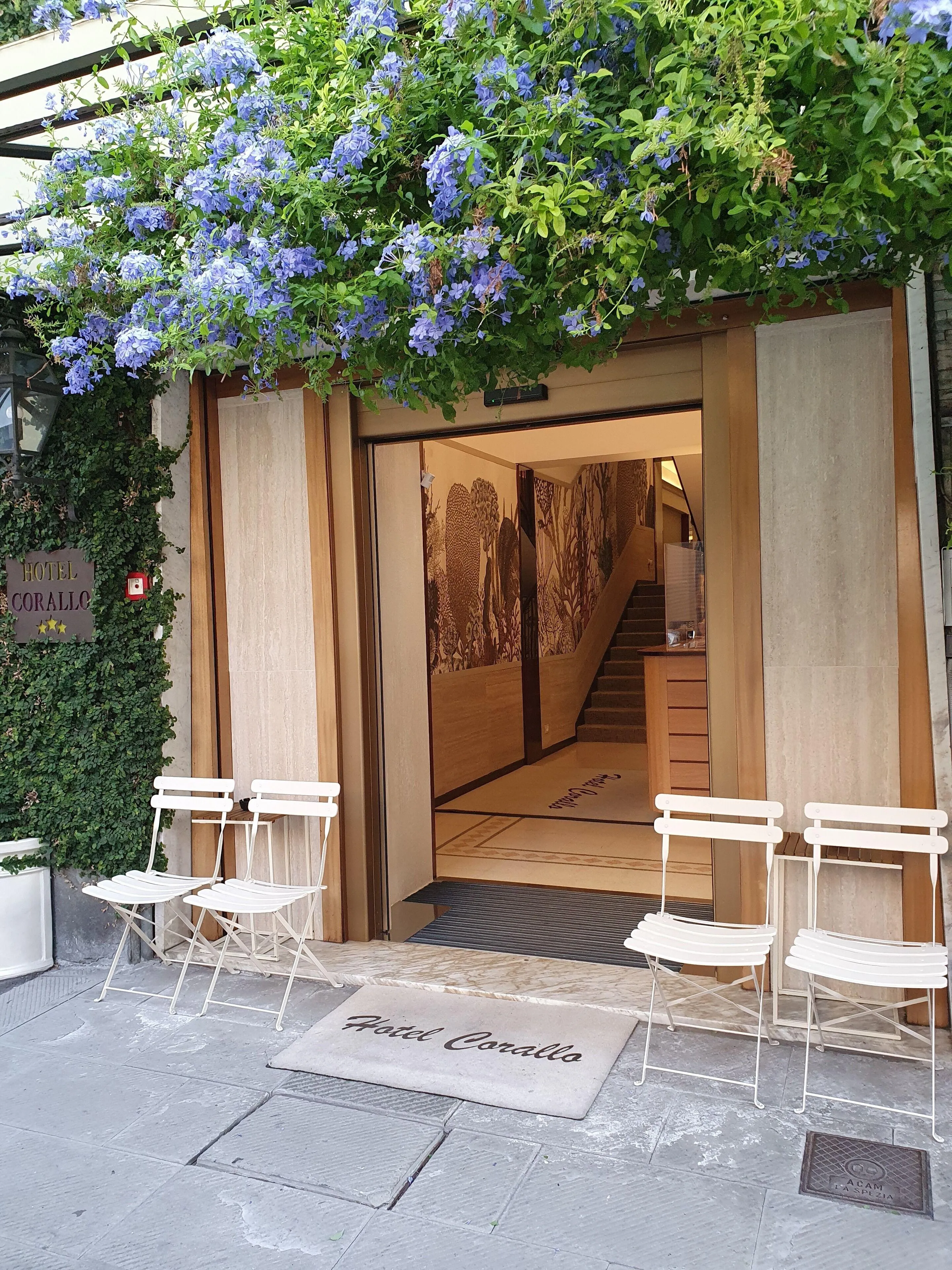 Ingresso dell'Hotel Corallo con fiori azzurri rampicanti, sedie bianche e scala interna visibile