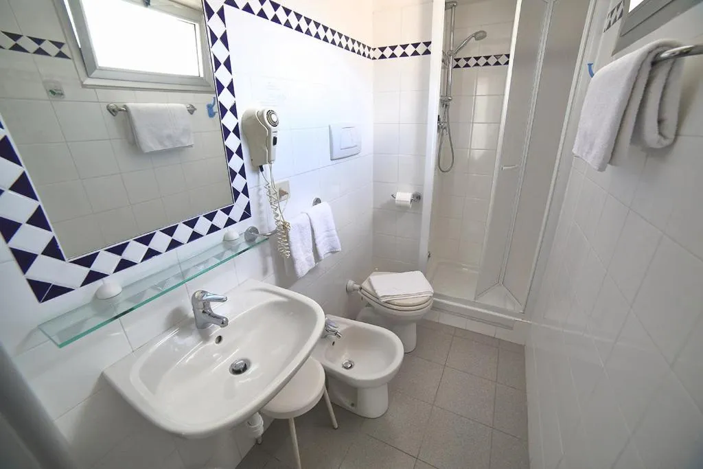 Bagno con lavabo, bidet, doccia e specchio decorato con cornice a motivi blu e bianchi